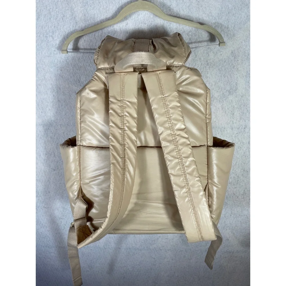 BEIS Puffy Cargo Backpack Beige Tan Quilted Lightweight Travel Bag Buckle Clasp